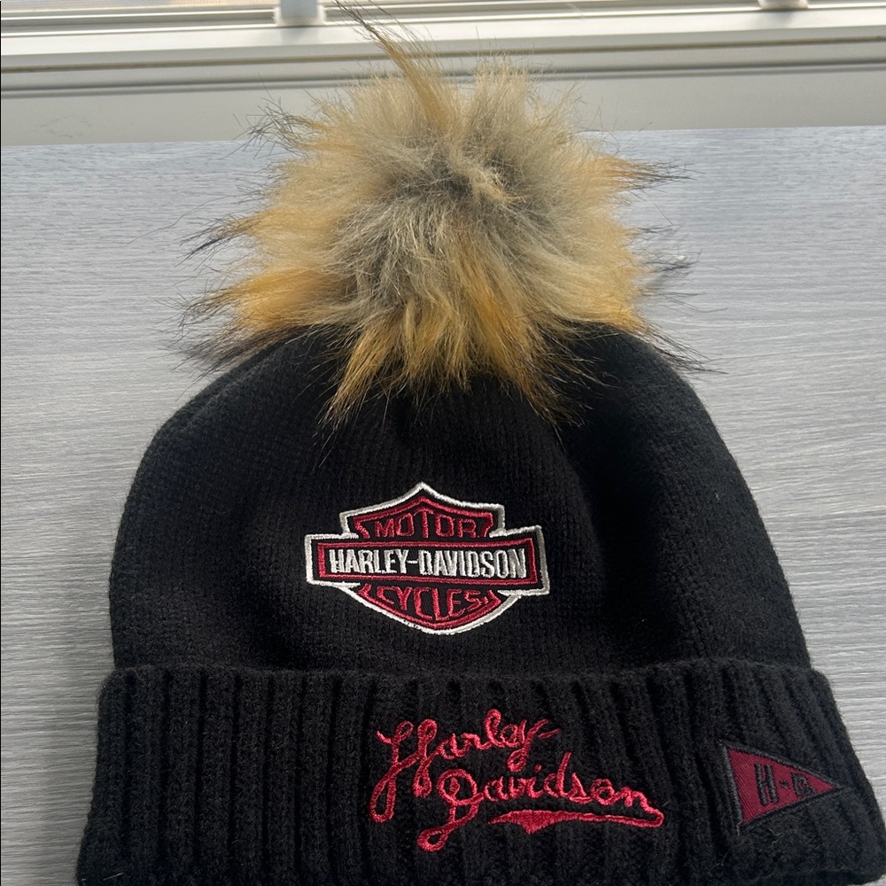 Harley-Davidson Black Beanie with Tan Pom-Pom